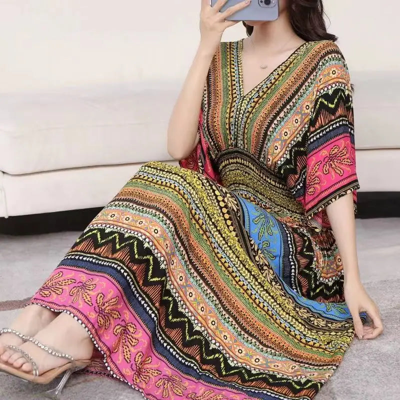 Elegant Retro Style V-neck Tunic Large Swing Printed Dress Long Skirt