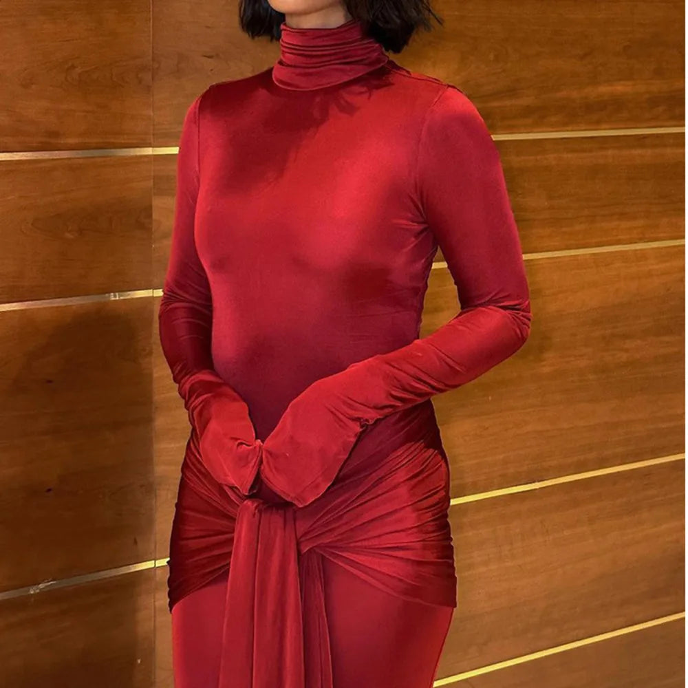 Long Sleeve Bodycon Dress For Women Tight Elastic Lace Up Maxi Party Dress
