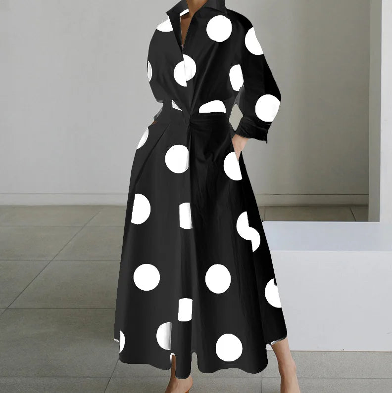 Long Sleeve Dot Print Elegant Maxi V Neck Shirt Party Long Dress