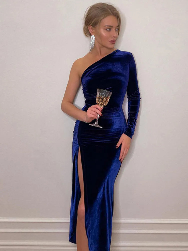 Elegant Long Sleeve Party Evening Velvet Bodycon Split Pencil Midi Dress