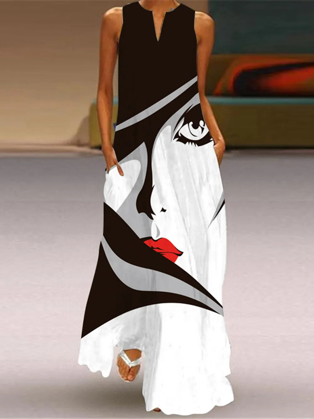 Black Sleeveless V-neck Loose Print Vintage Beach Party Dresses