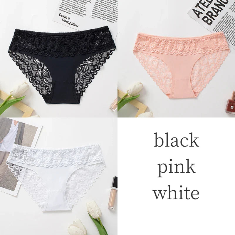 3PCS/Set Women's Panties Lace Silk Satin Underwear Sexy Lingerie Underpants