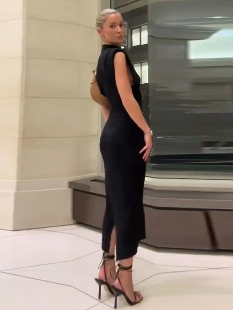 O Neck Slim Midi Sexy Rear Split Sleeveless Bodycon Dress