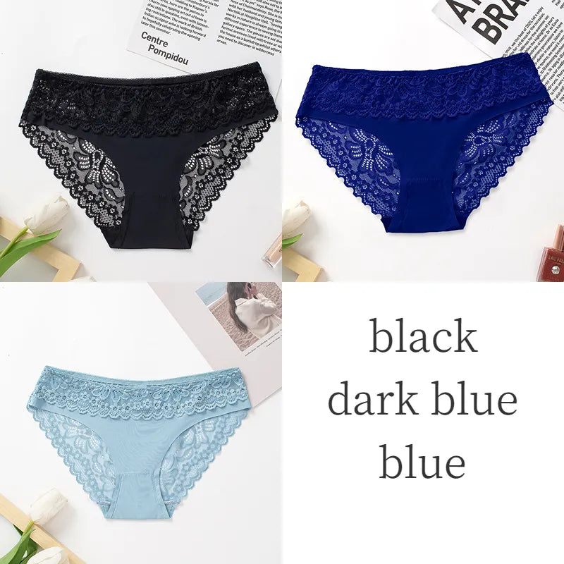 3PCS/Set Women's Panties Lace Silk Satin Underwear Sexy Lingerie Underpants