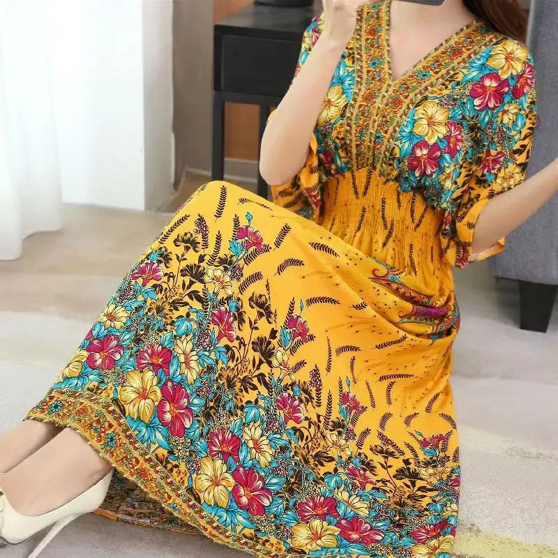 Elegante vestido impreso de estilo retro con escote en V, túnica grande de vuelo, falda larga