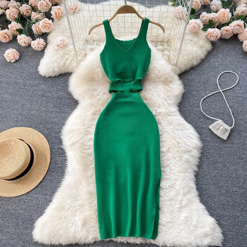 Sexy Cut Out Waist Package Hips Split Bodycon Dress Knitted Party Sundress