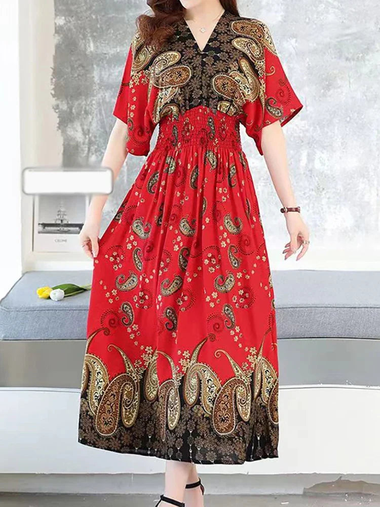 Elegant Retro Style V-neck Tunic Large Swing Printed Dress Long Skirt