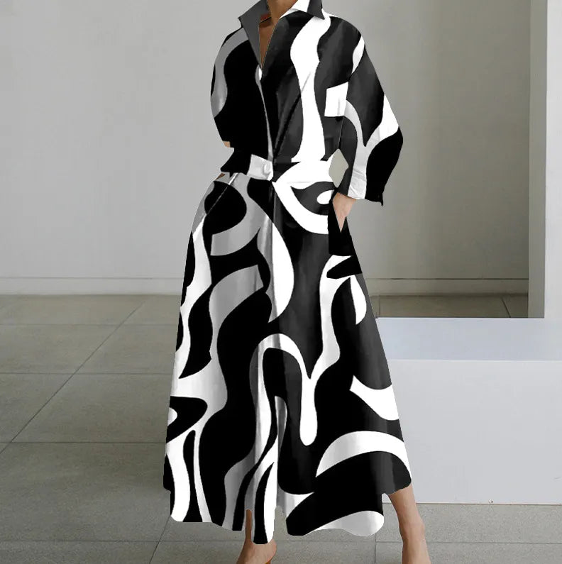 Long Sleeve Dot Print Elegant Maxi V Neck Shirt Party Long Dress