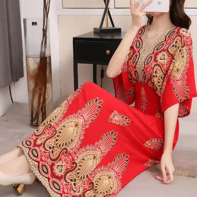 Elegante vestido impreso de estilo retro con escote en V, túnica grande de vuelo, falda larga
