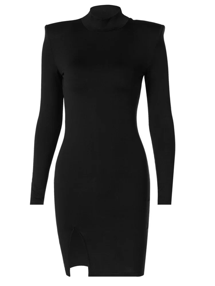 Long Sleeve Bodycon Soild Color Black Slim Package Hip Mini Dress