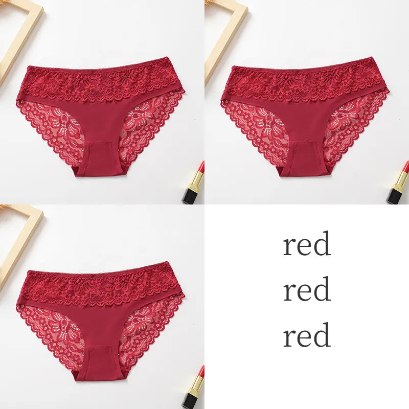 3PCS/Set Women's Panties Lace Silk Satin Underwear Sexy Lingerie Underpants