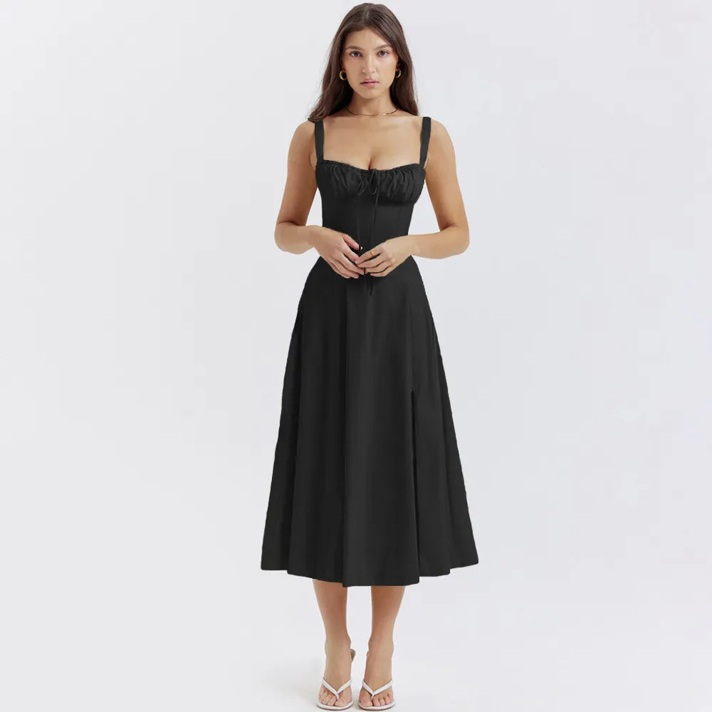 Elegant A Line Midi Dress Sexy Spaghetti Strap Lace Up Red Holiday Party Dresses