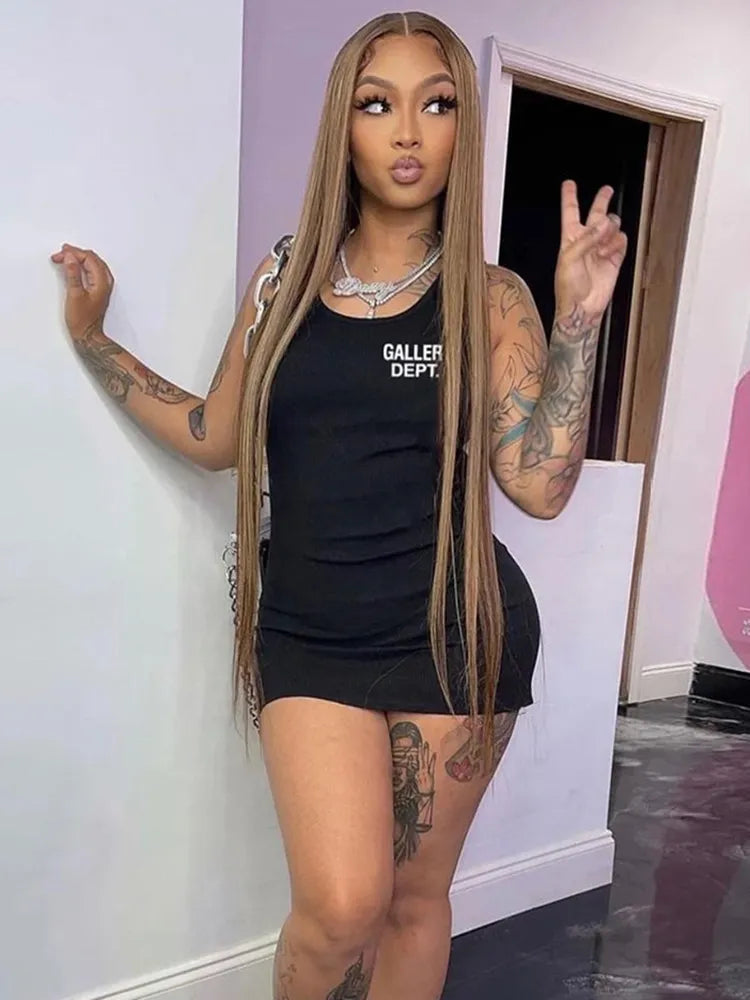O-Neck Sleeveless Bodycon Tank Letter Print Mini Dress