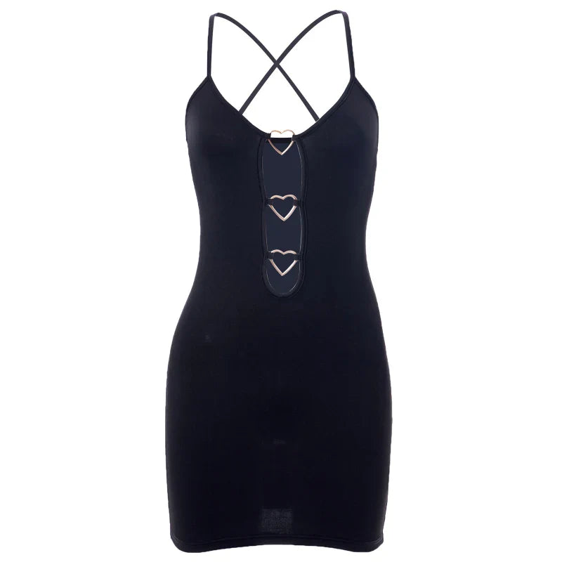 Buckle Hollow Love Hip Party Solid Color Sling Mini Dress