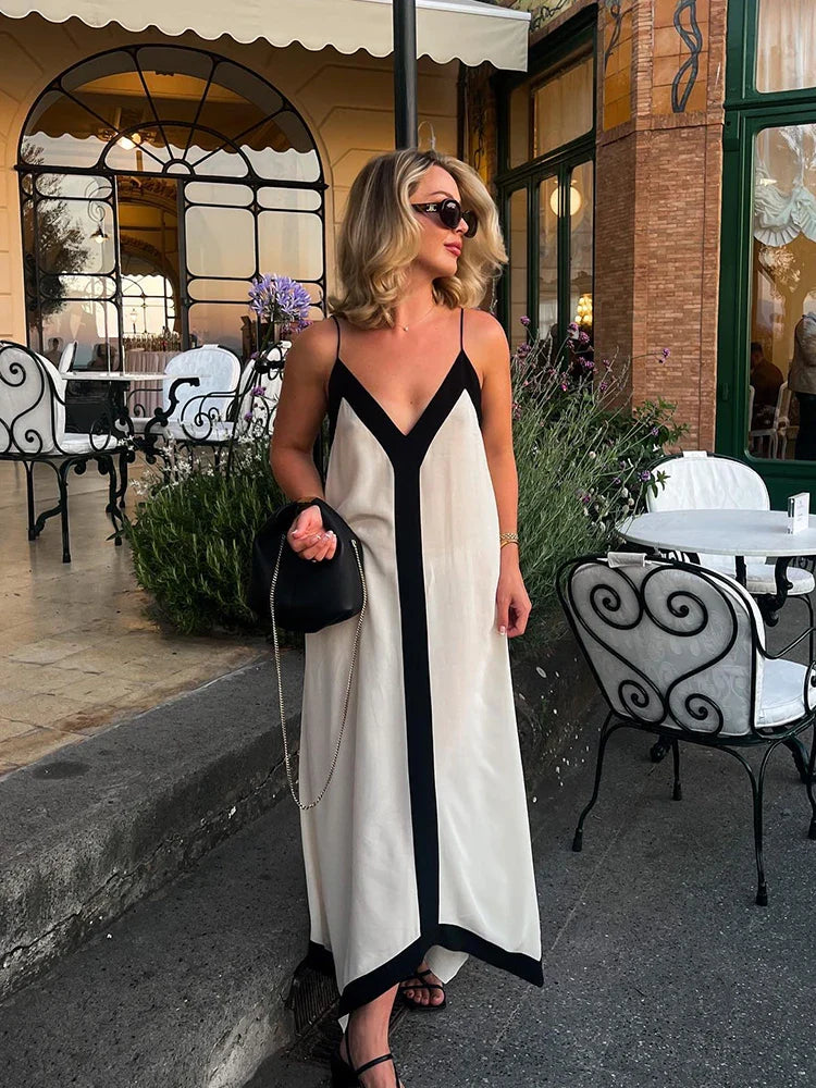 Backless V-neck Contrast Color Vacation Long Suspender Maxi Elegant Dress
