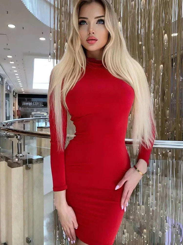 Elegant Chest Slim Pleated Turtleneck Long Sleeve Skinny Mini Dress