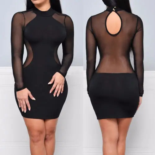 Evening Party Cocktail Dress Transparent Long Sleeve Clubwear Dress