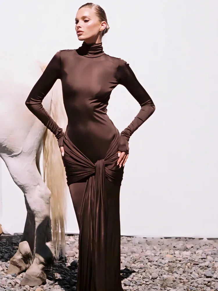 Long Sleeve Bodycon Dress For Women Tight Elastic Lace Up Maxi Party Dress