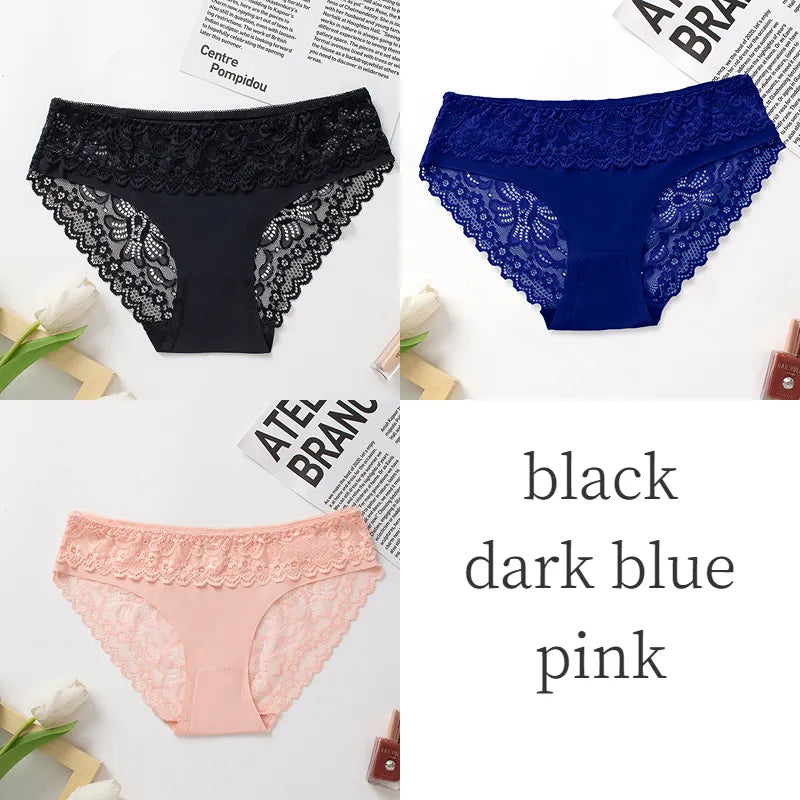 3PCS/Set Women's Panties Lace Silk Satin Underwear Sexy Lingerie Underpants