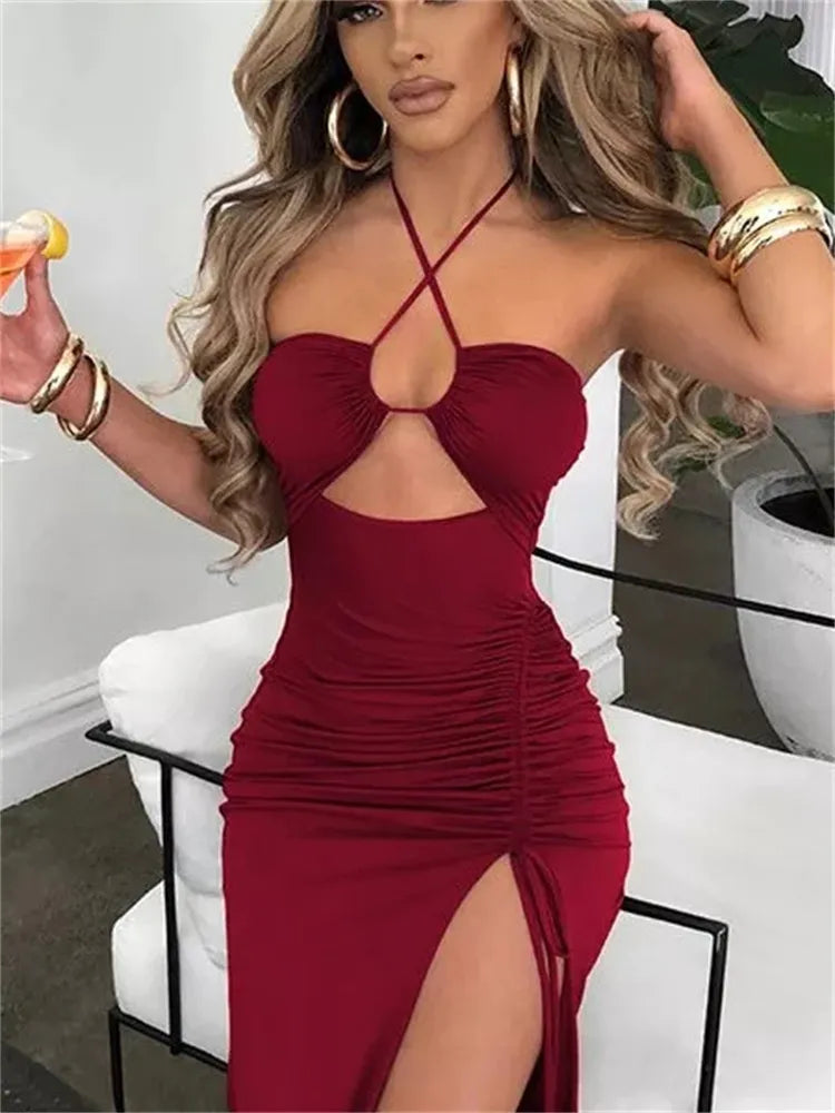 Hollow Out Drawstring Sleeveless Backless High Split Elegant Dress