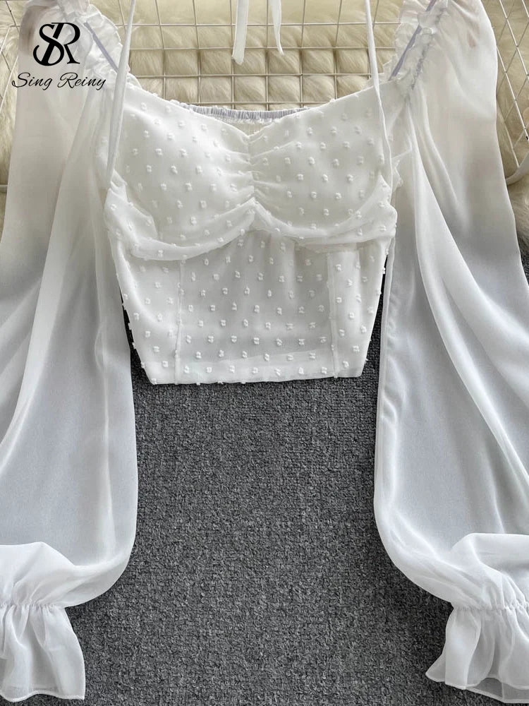 Long Sleeve Women Tie Halter Elastic Waist Fashion French Beach Top