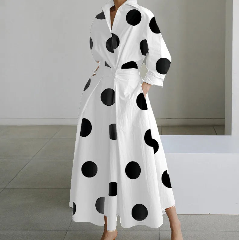 Long Sleeve Dot Print Elegant Maxi V Neck Shirt Party Long Dress