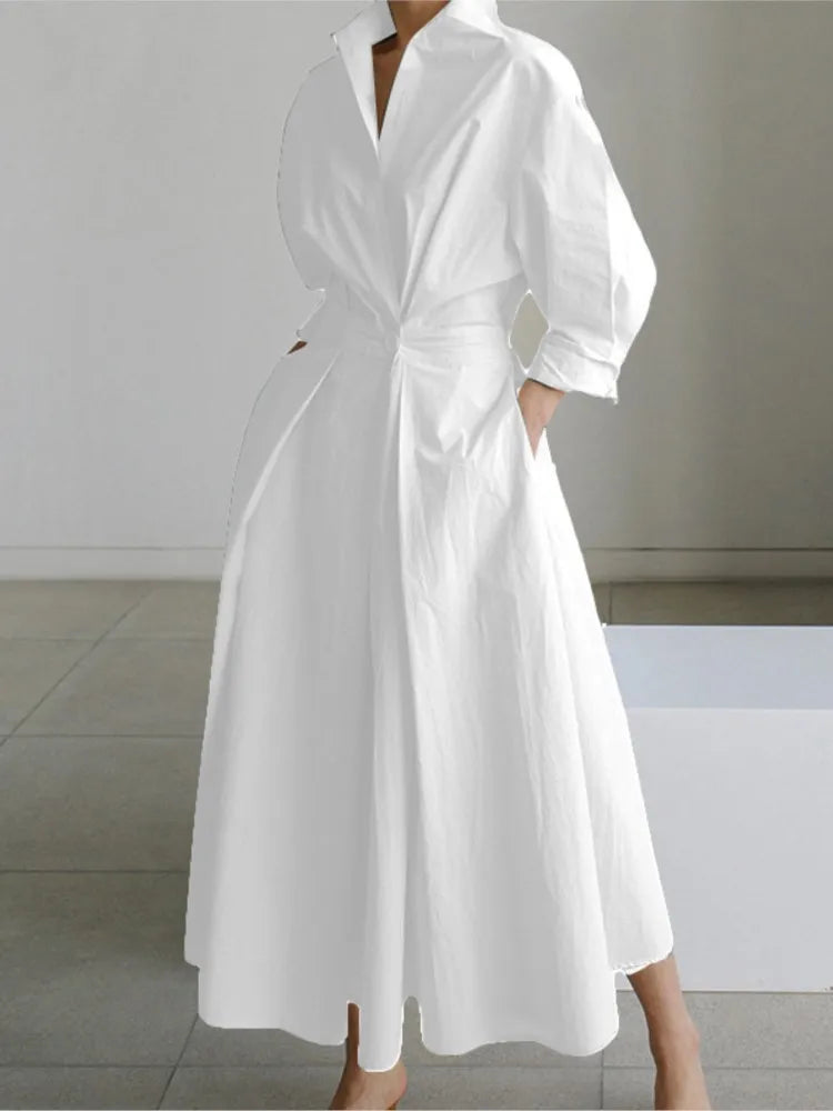 Long Sleeve Dot Print Elegant Maxi V Neck Shirt Party Long Dress