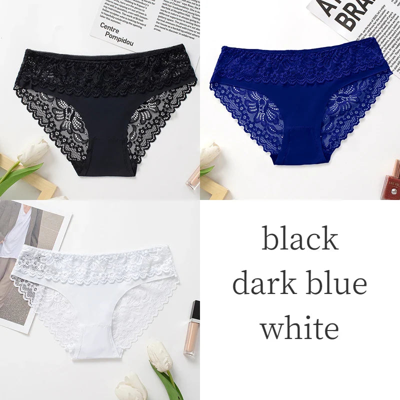 3PCS/Set Women's Panties Lace Silk Satin Underwear Sexy Lingerie Underpants