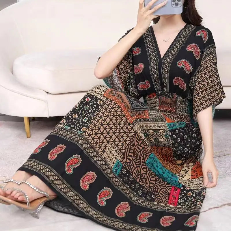 Elegante vestido impreso de estilo retro con escote en V, túnica grande de vuelo, falda larga