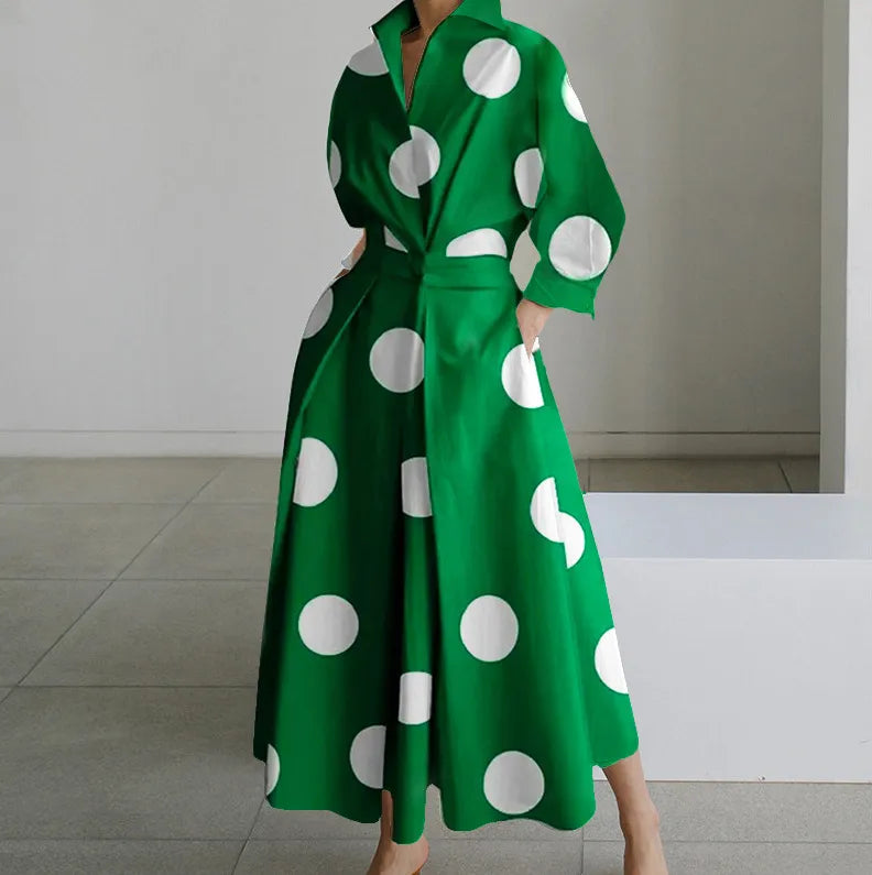 Long Sleeve Dot Print Elegant Maxi V Neck Shirt Party Long Dress