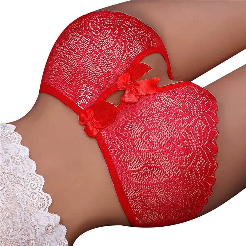 Erotic Sexy Open Lace Panties Transparent Bow Low Waist Underpants Lingerie