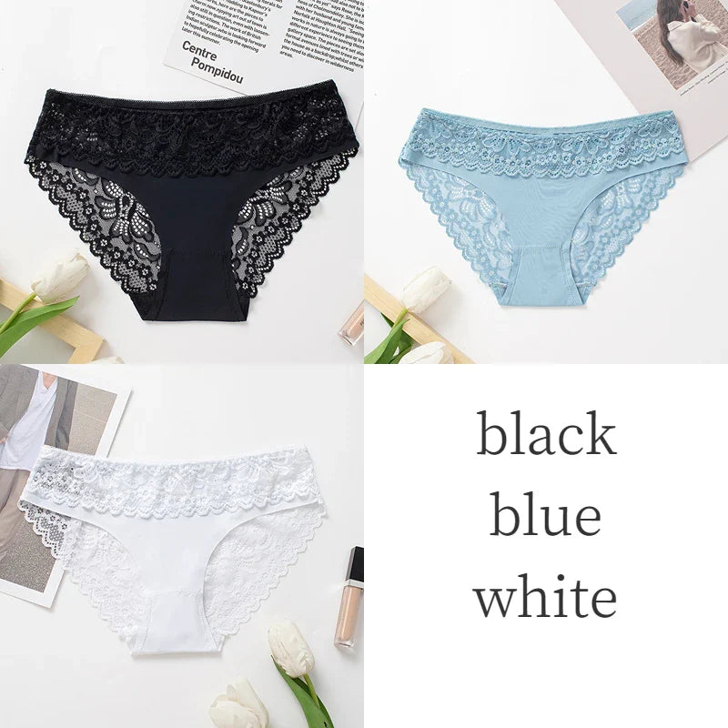 3PCS/Set Women's Panties Lace Silk Satin Underwear Sexy Lingerie Underpants