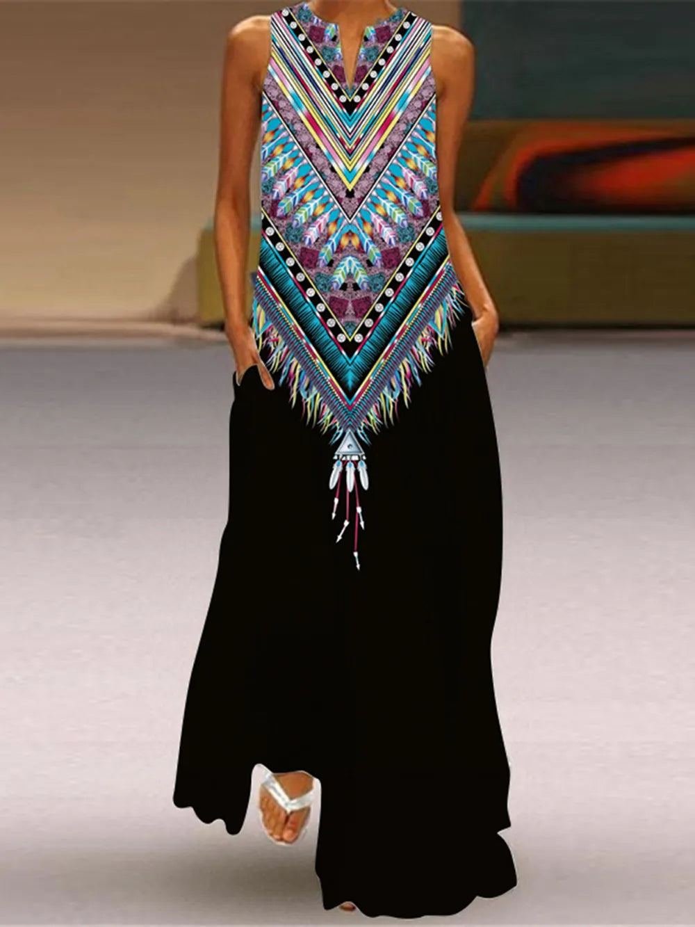 Black Sleeveless V-neck Loose Print Vintage Beach Party Dresses