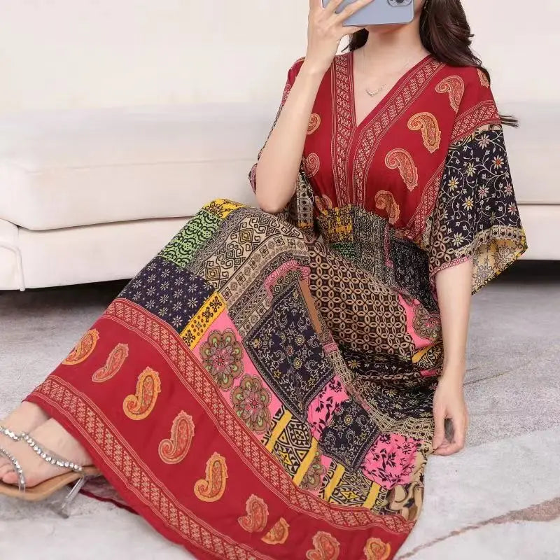 Elegant Retro Style V-neck Tunic Large Swing Printed Dress Long Skirt