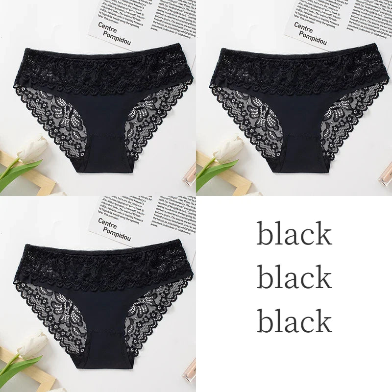 3PCS/Set Women's Panties Lace Silk Satin Underwear Sexy Lingerie Underpants