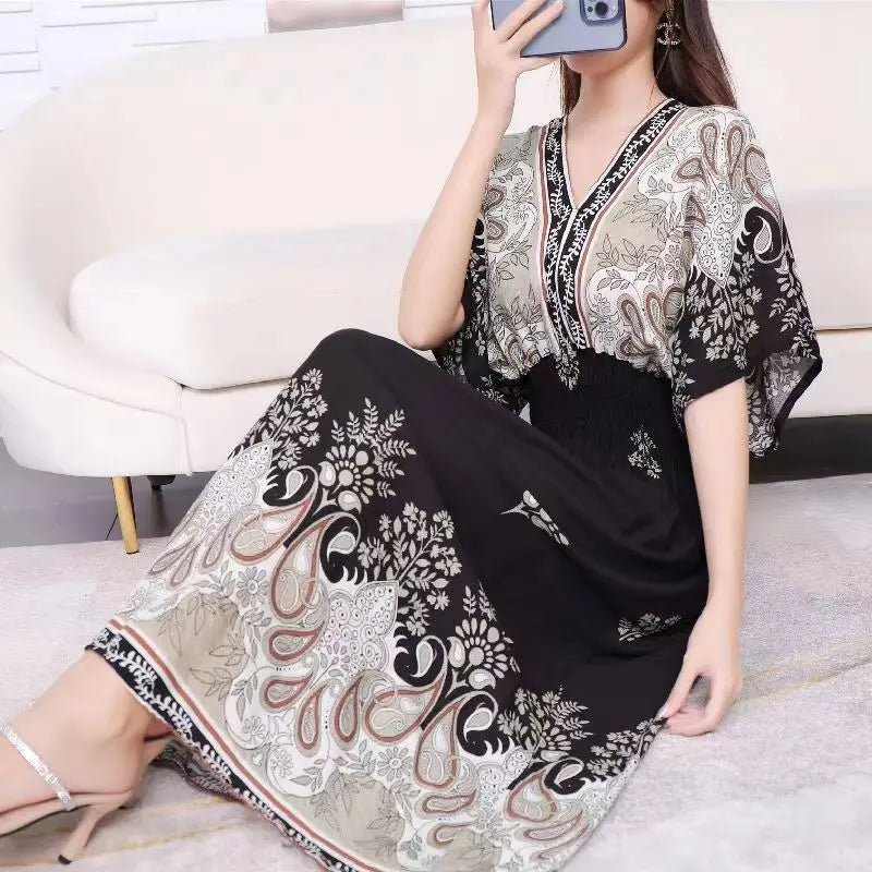 Elegante vestido impreso de estilo retro con escote en V, túnica grande de vuelo, falda larga