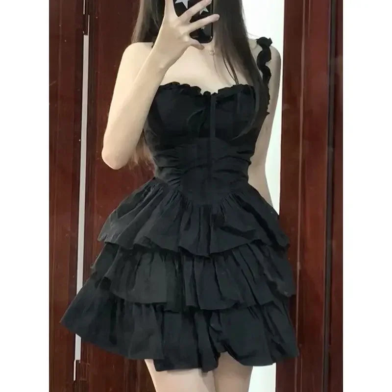 Cute Black Ruffles Soft Girl Cake Party Short Mini Dresses