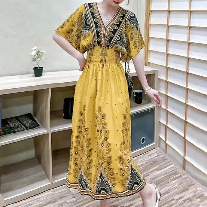 Elegant Retro Style V-neck Tunic Large Swing Printed Dress Long Skirt