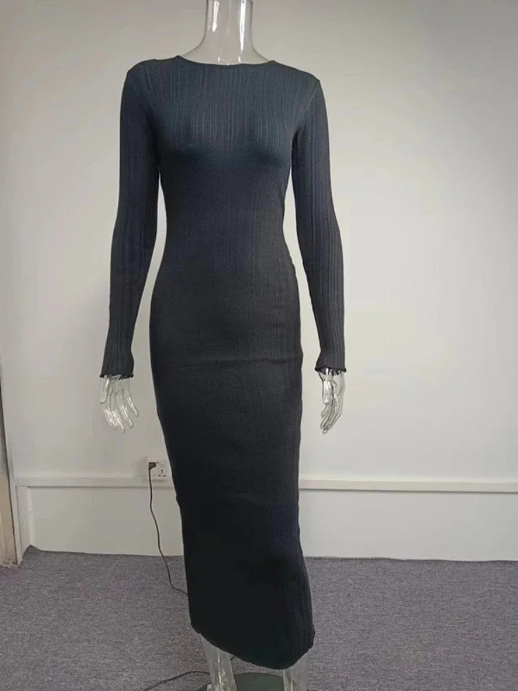 Autumn Solid Maxi Long Elegant Pullover Bodycon Slim Streetwear Knitted Dress