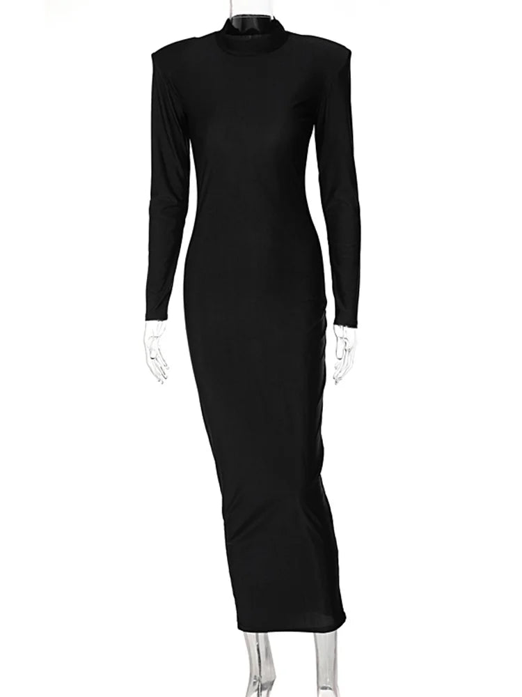 Vestido maxi ajustado elegante de manga larga con cuello alto de moda streetwear