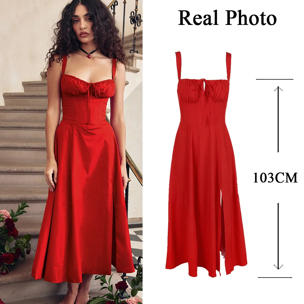 Elegant A Line Midi Dress Sexy Spaghetti Strap Lace Up Red Holiday Party Dresses