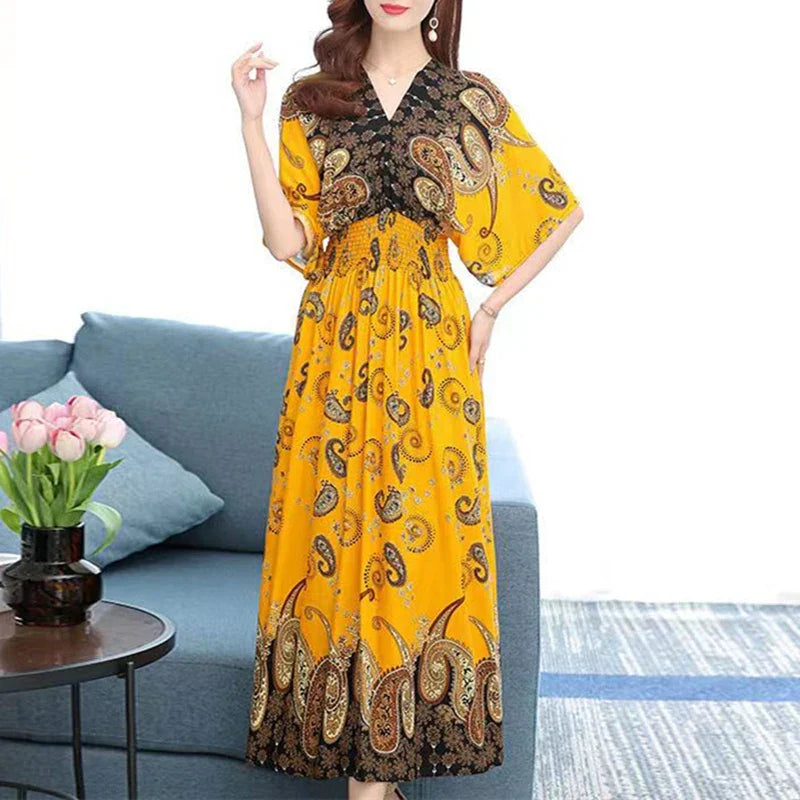 Elegante vestido impreso de estilo retro con escote en V, túnica grande de vuelo, falda larga