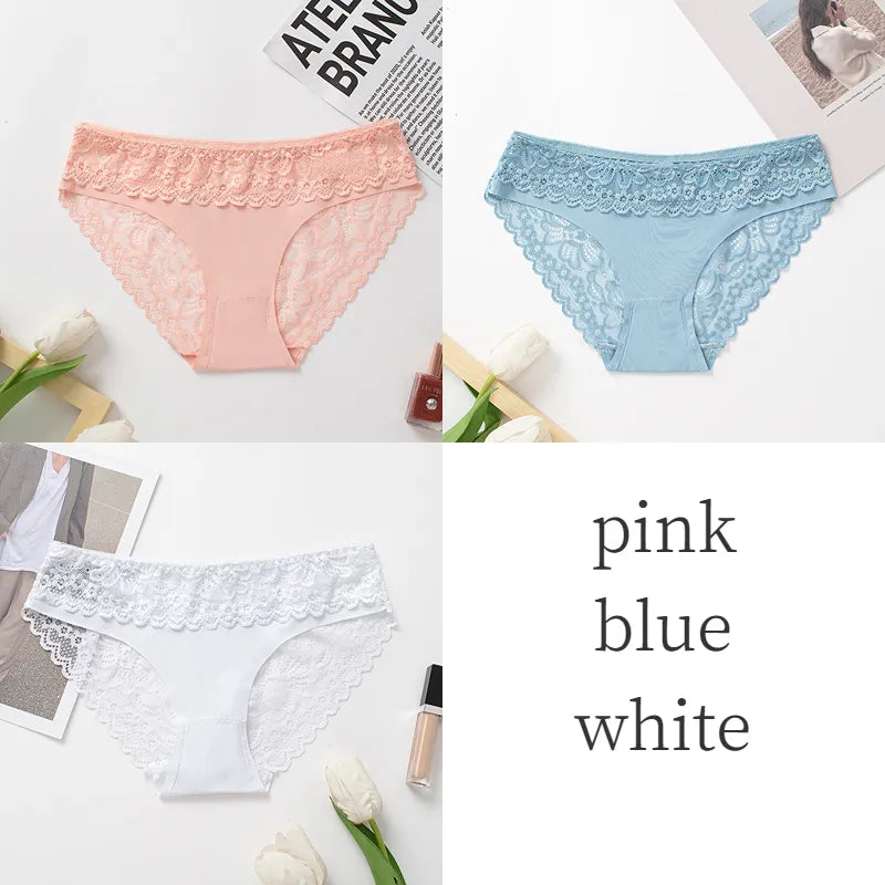 3PCS/Set Women's Panties Lace Silk Satin Underwear Sexy Lingerie Underpants