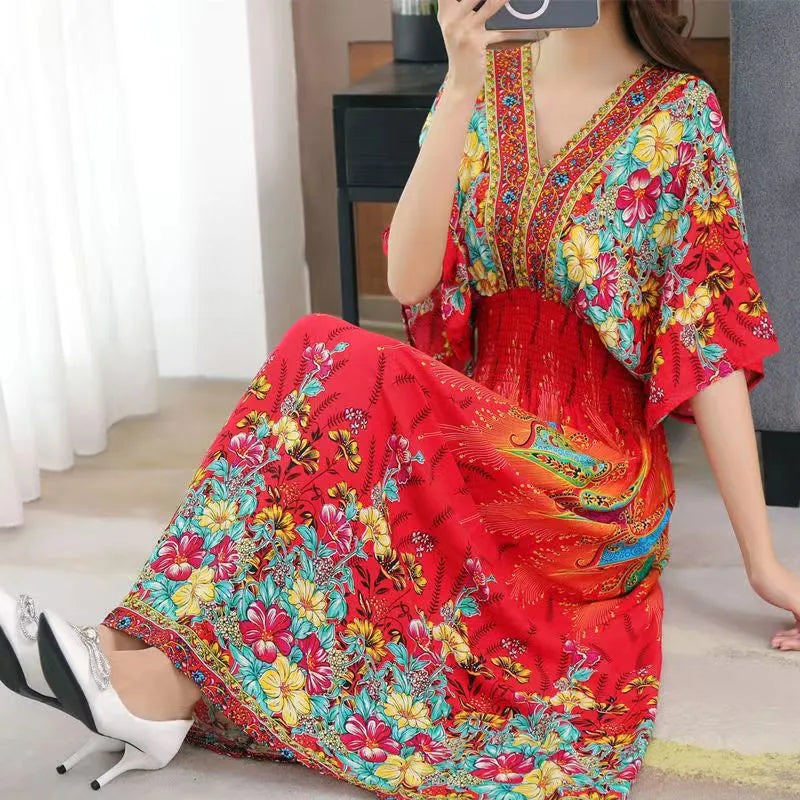 Elegante vestido impreso de estilo retro con escote en V, túnica grande de vuelo, falda larga