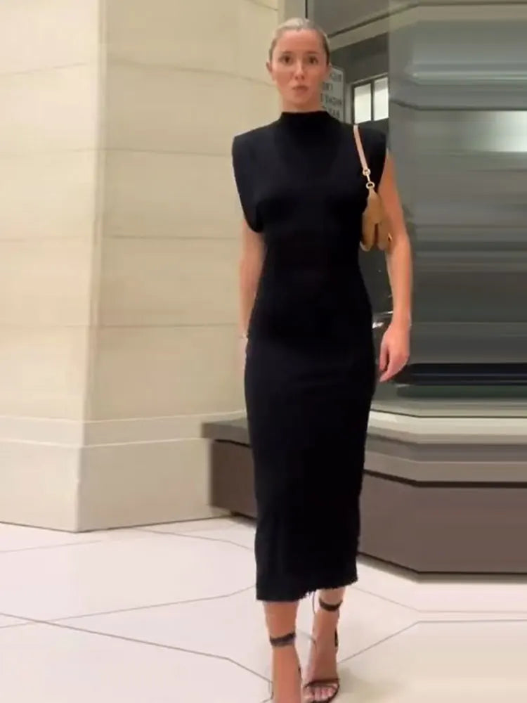 O Neck Slim Midi Sexy Rear Split Sleeveless Bodycon Dress