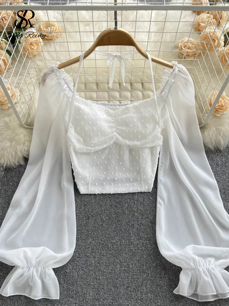 Long Sleeve Women Tie Halter Elastic Waist Fashion French Beach Top