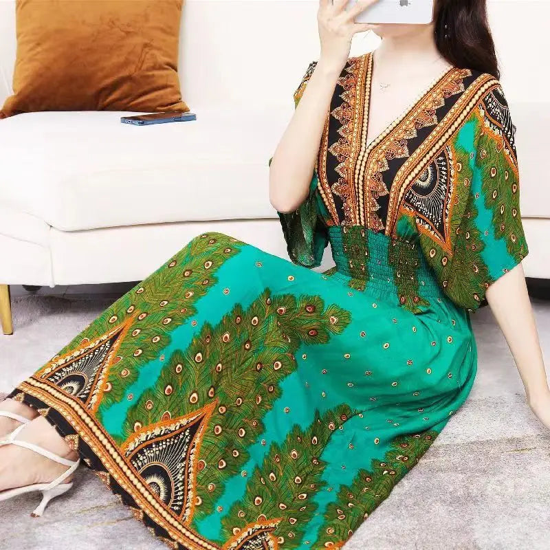 Elegant Retro Style V-neck Tunic Large Swing Printed Dress Long Skirt