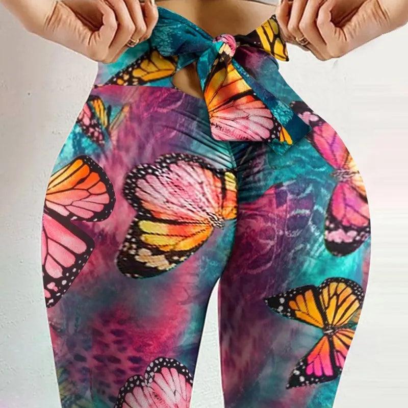 Butterfly Printed Yoga Pants Bow Bandage Tights Push Up Exercise Fitness Yoga Legging