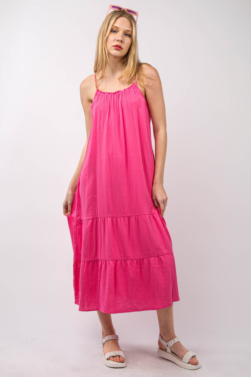 Cotton Gauze Ruffled A-Line Midi Cami Dress