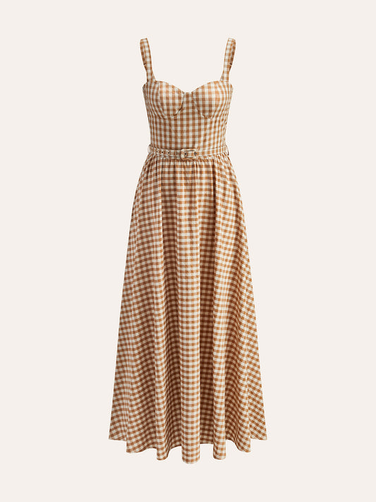 Vestido bustier con cinturón de cuadros gingham